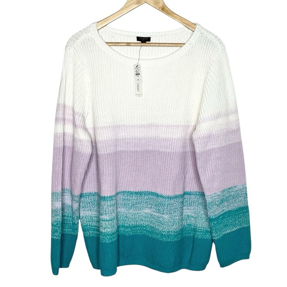 Talbots Striped Sweater Womens Size 2X White Lavender Teal Ombre Cotton Ribbed - Picture 1 of 5